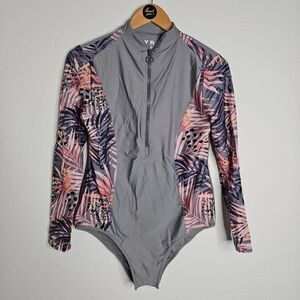 Lyra modest swimwear, Gray and Pink floral Long Sleeve Swimsuit, women's large